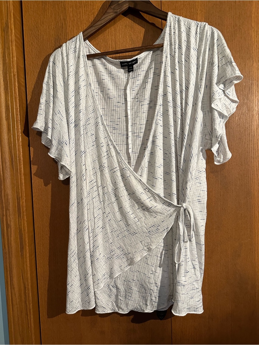 Lane Bryant White Wrap Top with Navy Speckle